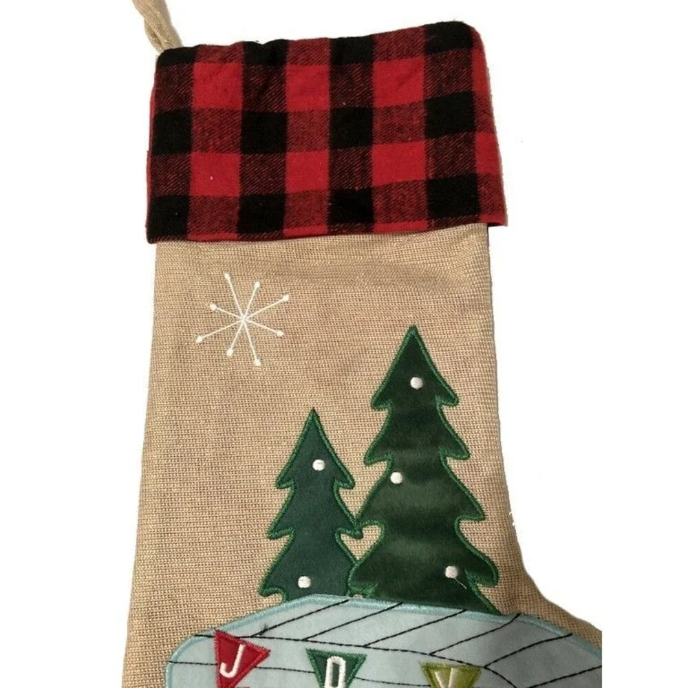Christmas Stocking Camper RV Tree Wreath Buffalo Check Embroidered Camp Cabin